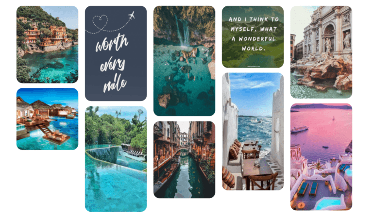 images of travel laid out as a vision board Create a vision board on Pinterest