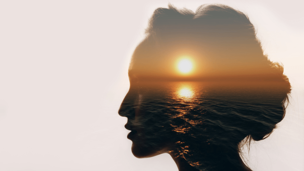 silhouette of woman head with sunset showing through