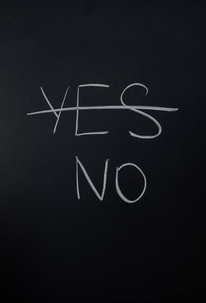 Chalkboard with Yes crossed out and no written below it